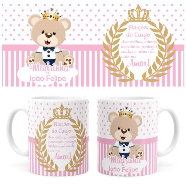 Arte Caneca Batizado Dinda Urso Príncipe 02 Rosa