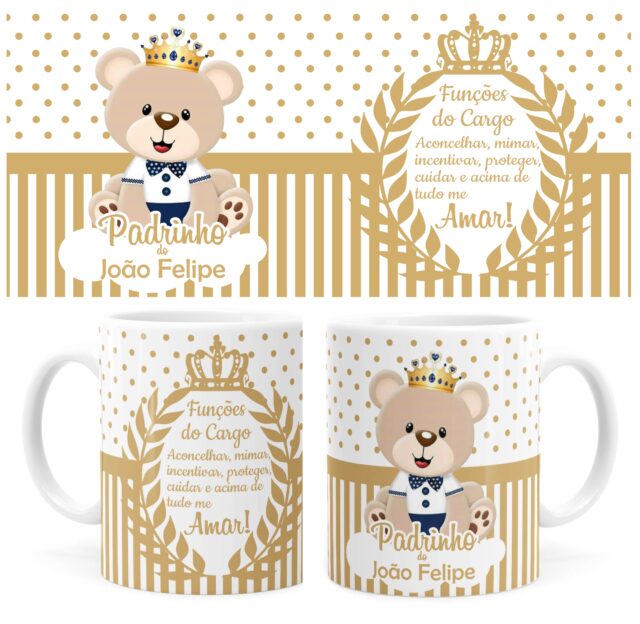 Arte Caneca Batizado Dindo Urso Príncipe 02 Dourado